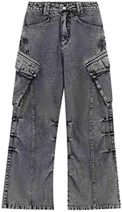 BXCNCKD American retro washed and worn-out large pocket workwear jeans wide leg straight leg jeans for men and women