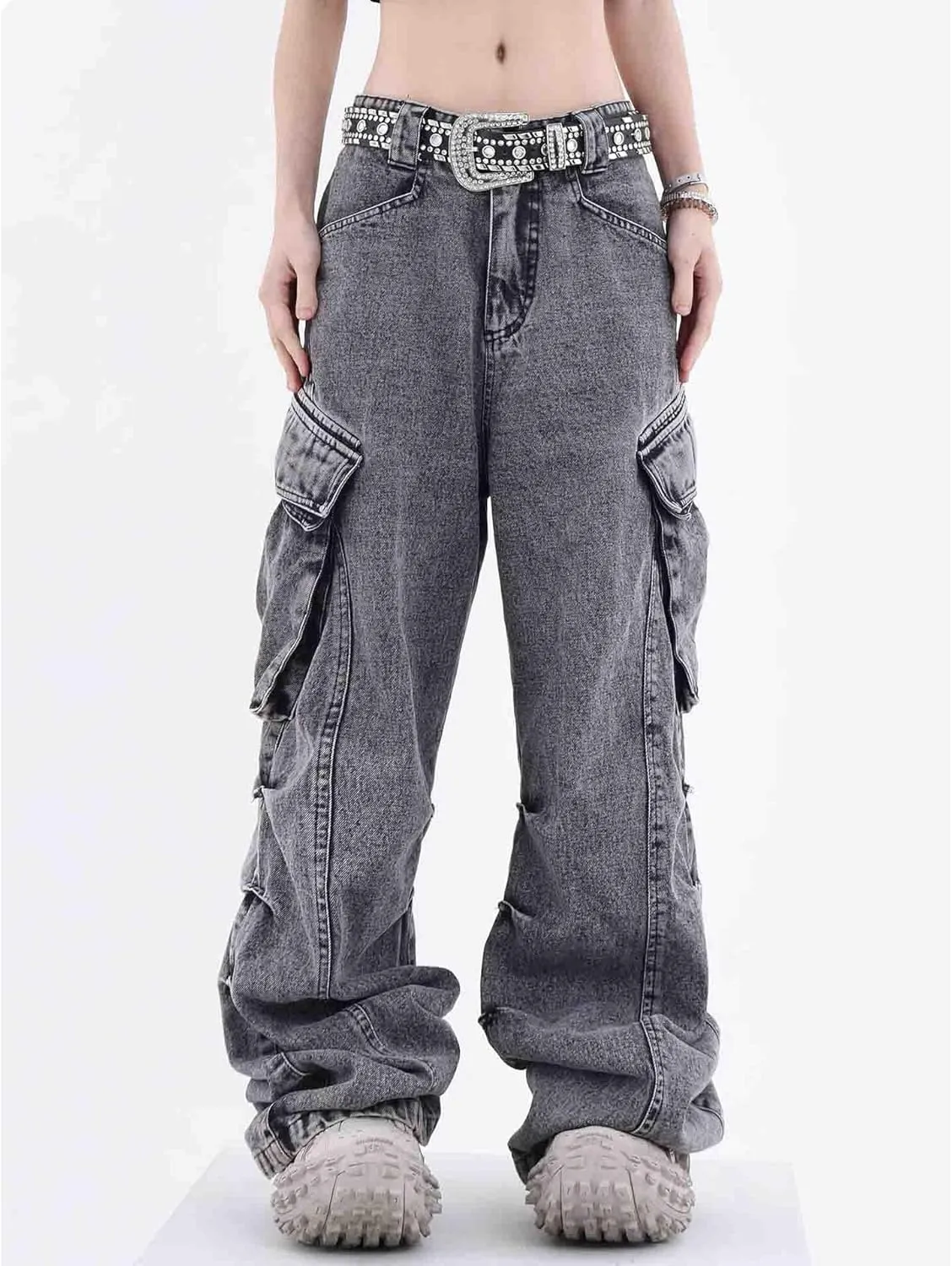 BXCNCKD American retro washed and worn-out large pocket workwear jeans wide leg straight leg jeans for men and women