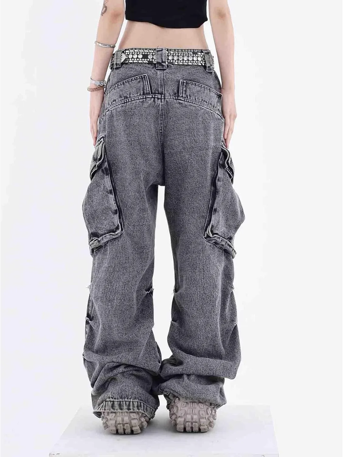 BXCNCKD American retro washed and worn-out large pocket workwear jeans wide leg straight leg jeans for men and women