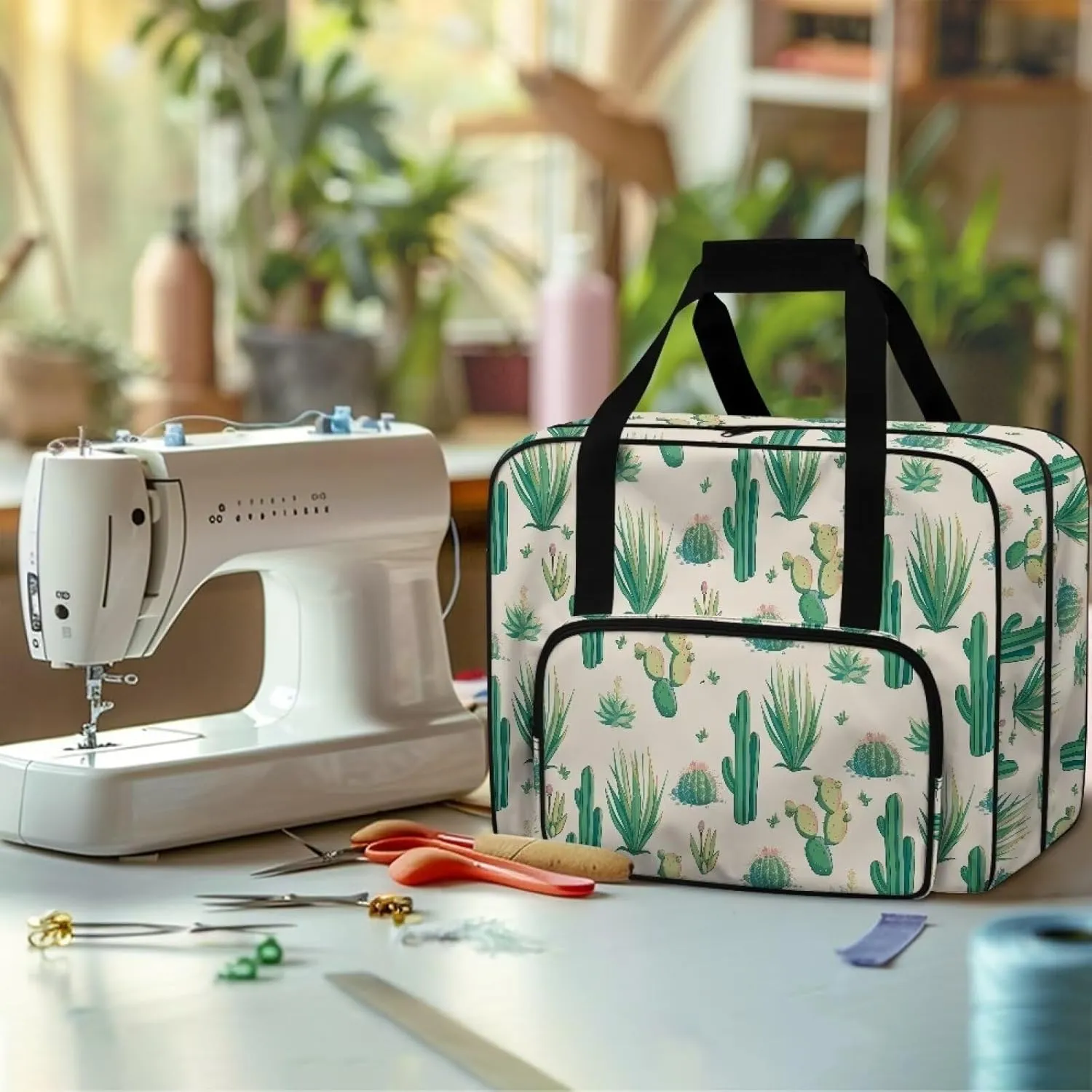 Cactus Sewing Machine Carrying Case Portable Padded Organizer with Pockets and Handles Large Sewing Organizer Bag for Singer Brother Janome and Accessories