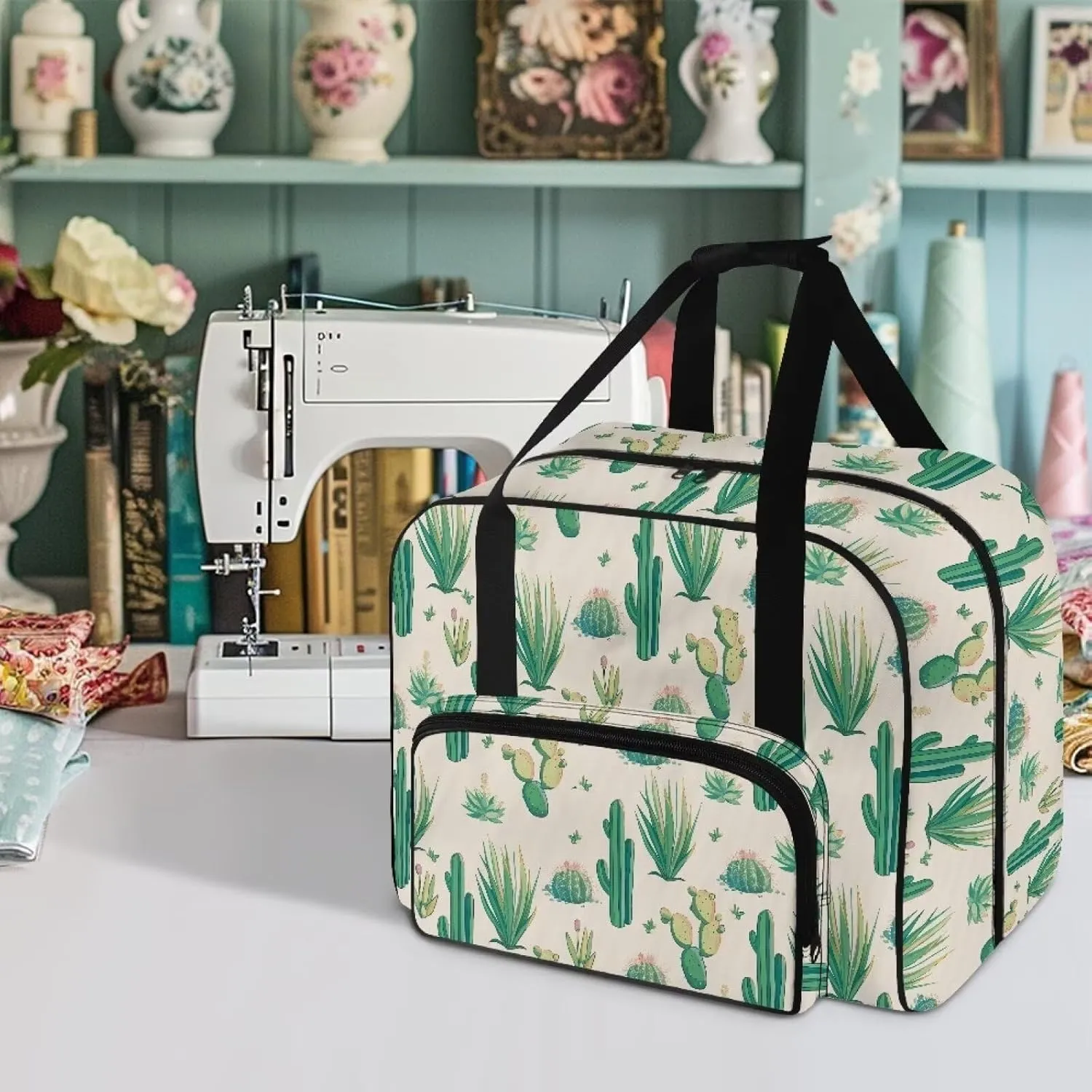 Cactus Sewing Machine Carrying Case Portable Padded Organizer with Pockets and Handles Large Sewing Organizer Bag for Singer Brother Janome and Accessories