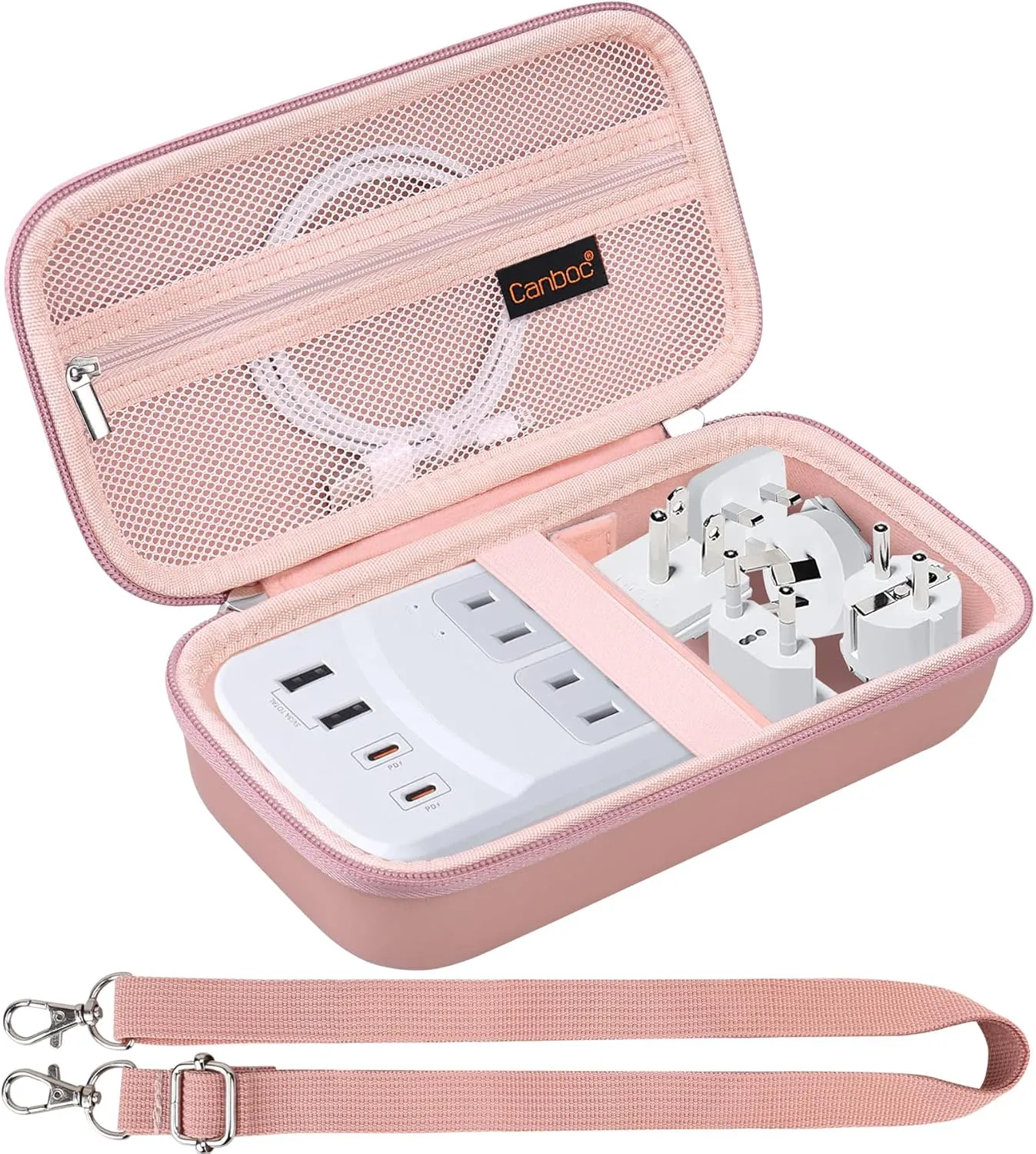 Canboc Carrying Case for Ceptics Universal Travel Adapter Kit, World Travel Adapter Kit Box with Removable Shoulder Strap, Zipper Mesh Bag fit USB Cable, Rose Gold (Case Only)