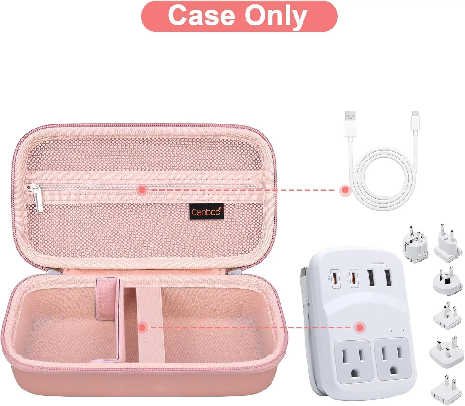 Canboc Carrying Case for Ceptics Universal Travel Adapter Kit, World Travel Adapter Kit Box with Removable Shoulder Strap, Zipper Mesh Bag fit USB Cable, Rose Gold (Case Only)