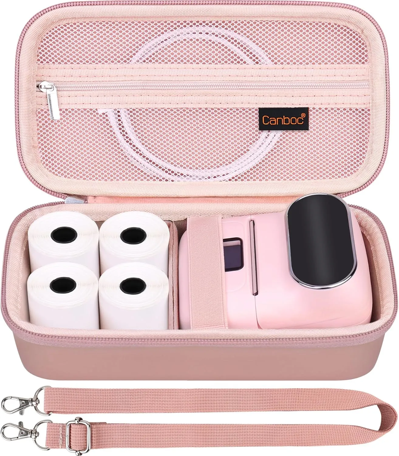 Canboc Carrying Case for Phomemo M110/ A30 Label Maker, Portable M110 Thermal Label Printer Bag with Removable Shoulder Strap, Mesh Pocket fit Printer Labels, USB Cable, Rose Gold (Case Only)
