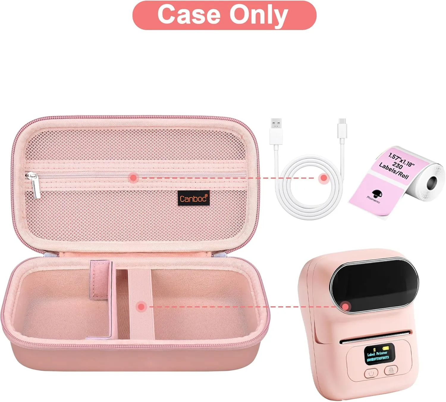 Canboc Carrying Case for Phomemo M110/ A30 Label Maker, Portable M110 Thermal Label Printer Bag with Removable Shoulder Strap, Mesh Pocket fit Printer Labels, USB Cable, Rose Gold (Case Only)
