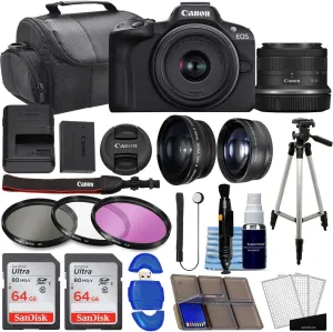 Canon EOS R50 Mirrorless Digital Camera Body Black with Canon RF-S 18-45mm f/4.5-6.3 is STM Lens 3 Lens Kit with 128GB Memory   3pc Filter Kit   Case   Tripod   More (39pc Bundle) (Renewed)