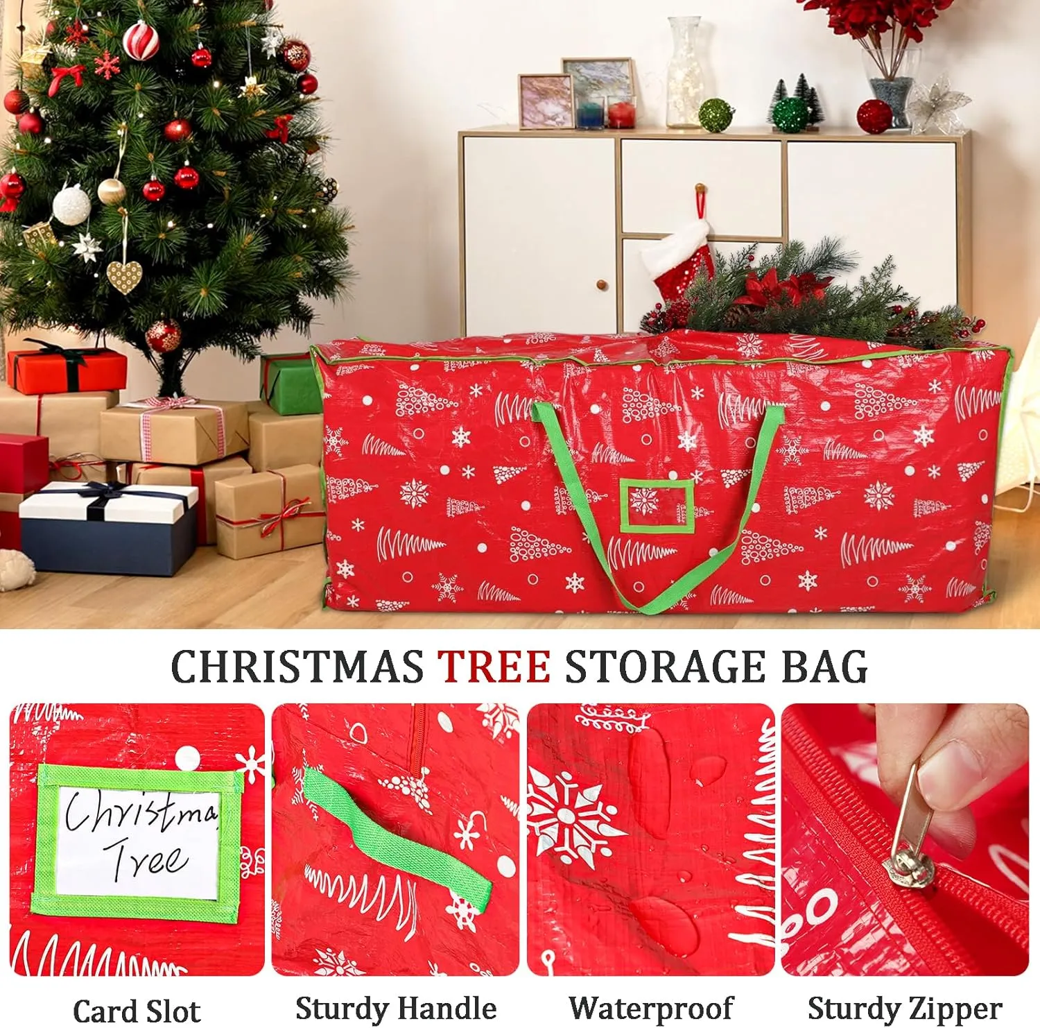 Capslpad Artificial Christmas Tree Storage Bag 9 Ft Xmas Holiday Christmas Tree Container Storage Waterproof Zippered Bag with Reinforced Handles Storage Case Protects Against Dust Moisture, Red