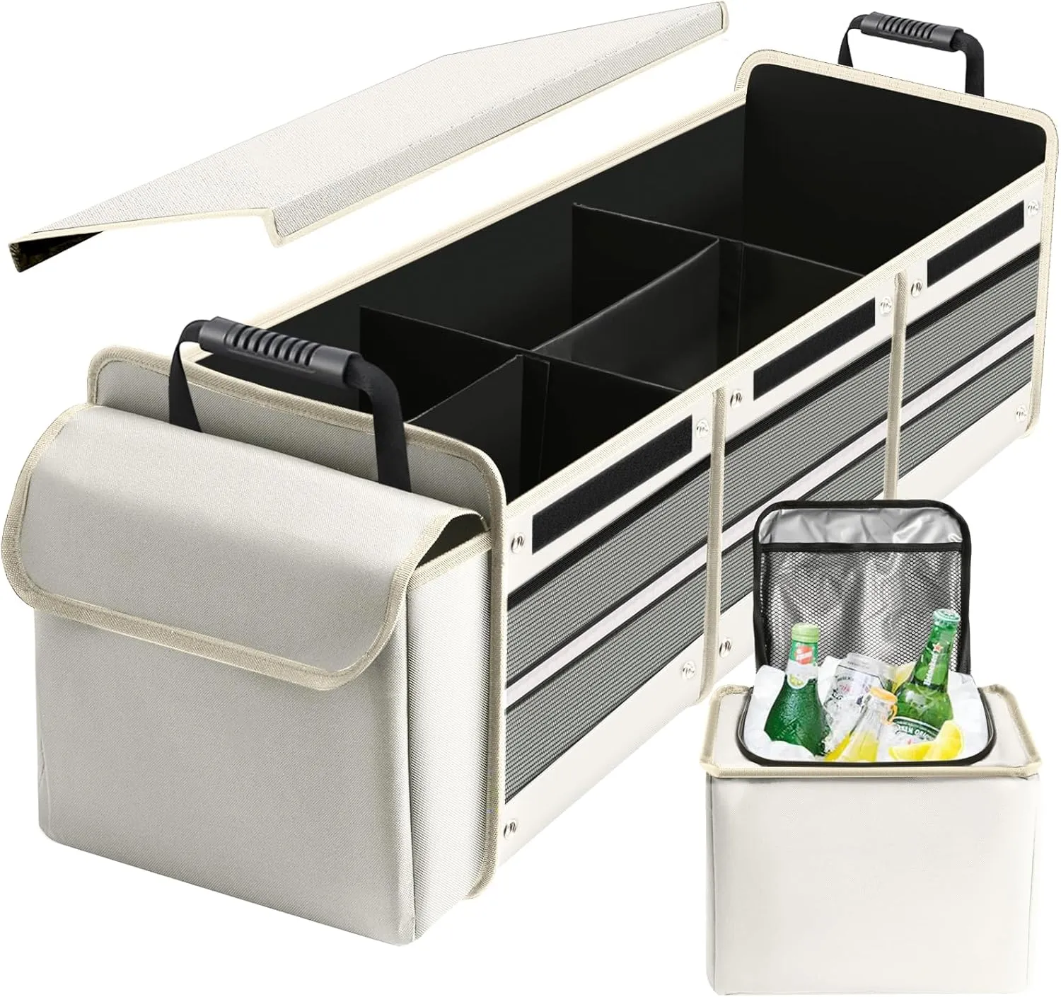 Car Trunk Organizer with Insulated Leakproof Cooler Bag, 4 in 1 Waterproof Portable Car Storage Organizer with Collapsible Cover, 3 Large Compartments, Trunk Organizer for SUV, Car, Truck (Beige)