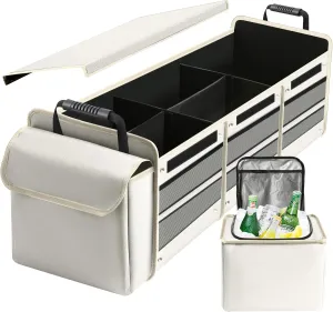 Car Trunk Organizer with Insulated Leakproof Cooler Bag, 4 in 1 Waterproof Portable Car Storage Organizer with Collapsible Cover, 3 Large Compartments, Trunk Organizer for SUV, Car, Truck (Beige)