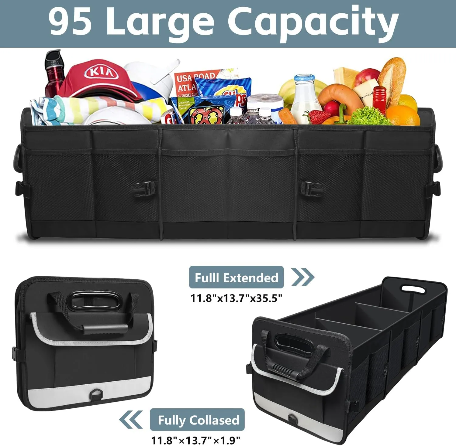 Car Trunk Organizer,Heavy Duty Collapsible 95 L Capacity Car Trunk Storage Organizer,Multi-Compartment Pockets, Adjustable Straps - Ideal for Travel, Camping, Shopping,Perfect for SUV, Truck, Sedan