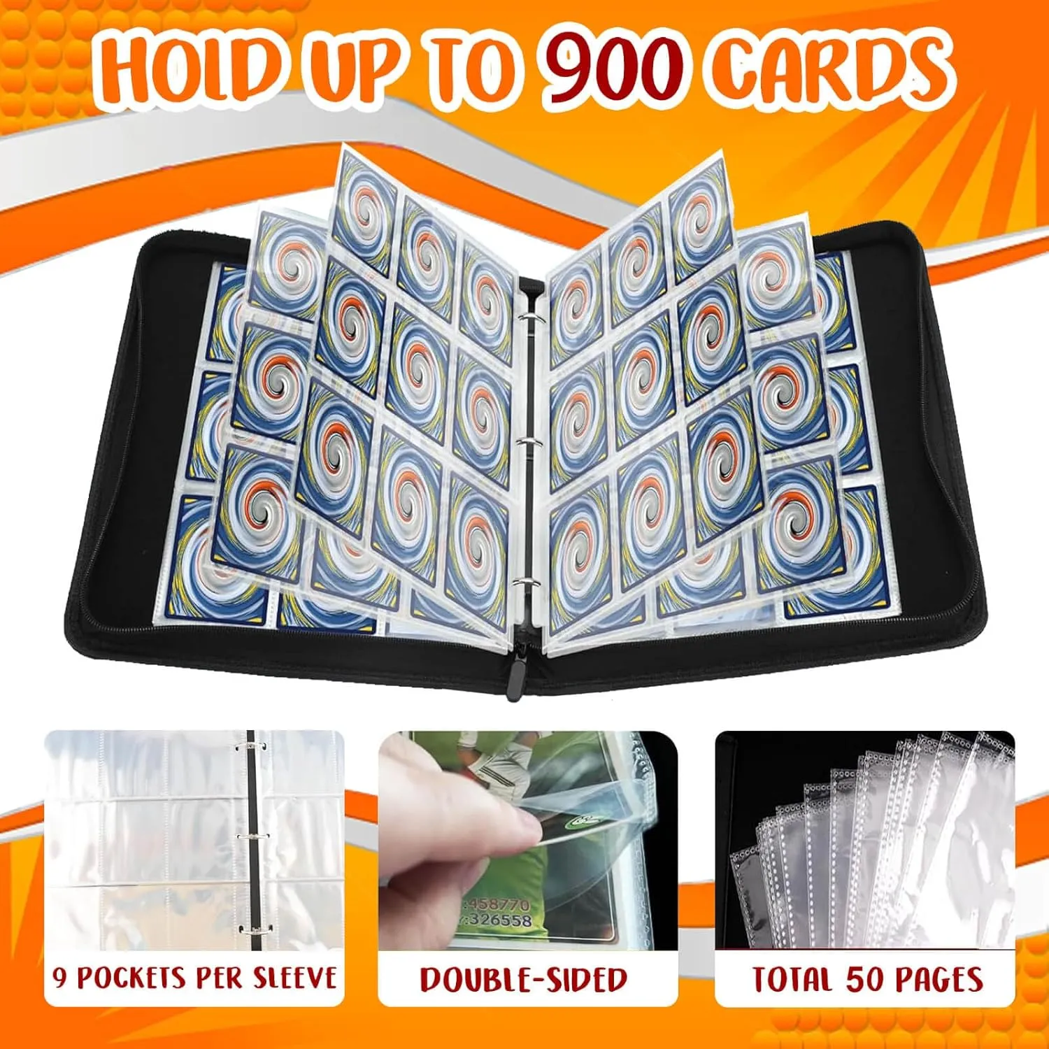 Card Binder 9-Pocket, 900 Pockets Trading Card Binder with 50 Removable Sleeves, Zipper Collectible Trading Card Albums Suitable for All Standard Size Game Cards & Sport Cards - Black