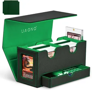 Card Deck Box for MTG, Double Card Storage Box with 2 Commander Display & 1 Dice Tray, Fits 200  Double Sleeved Cards, Organizer for CCG TCG Sports Cards (Black Green)