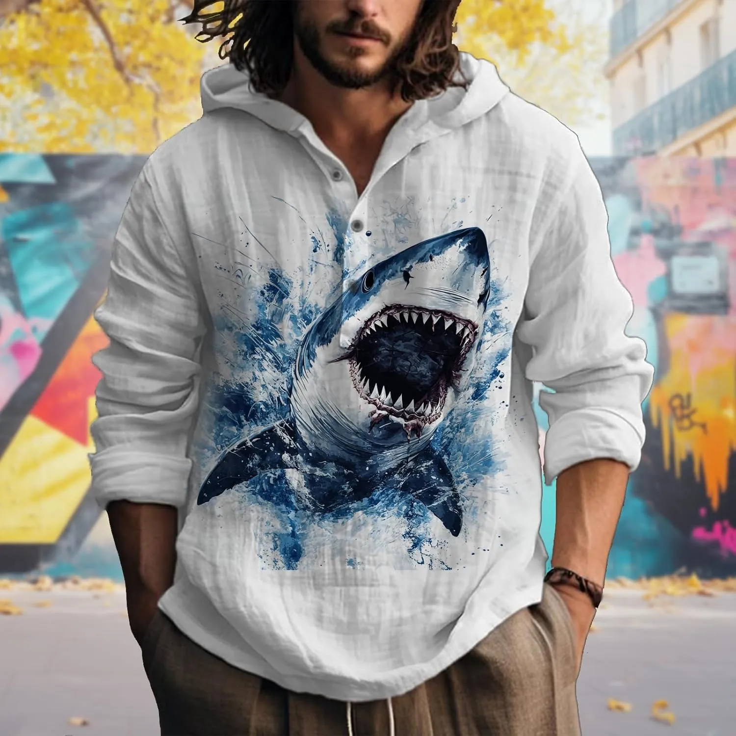 Casual Hoodies for Men Graphic Print Long Sleeve Sweatshirts Pullover Button Up Hooded Shirts Trendy Hoodie
