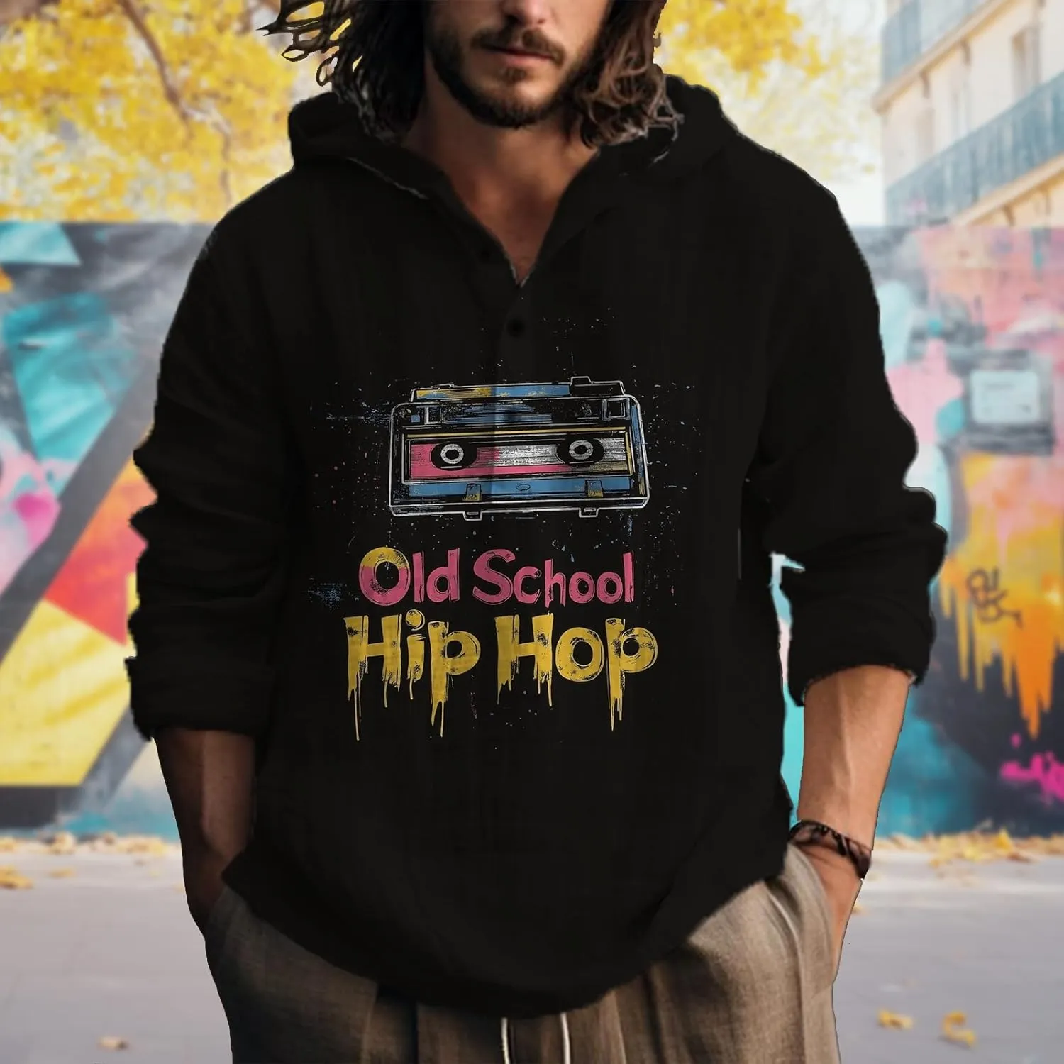 Casual Hoodies for Men Graphic Print Long Sleeve Sweatshirts Pullover Button Up Hooded Shirts Trendy Hoodie