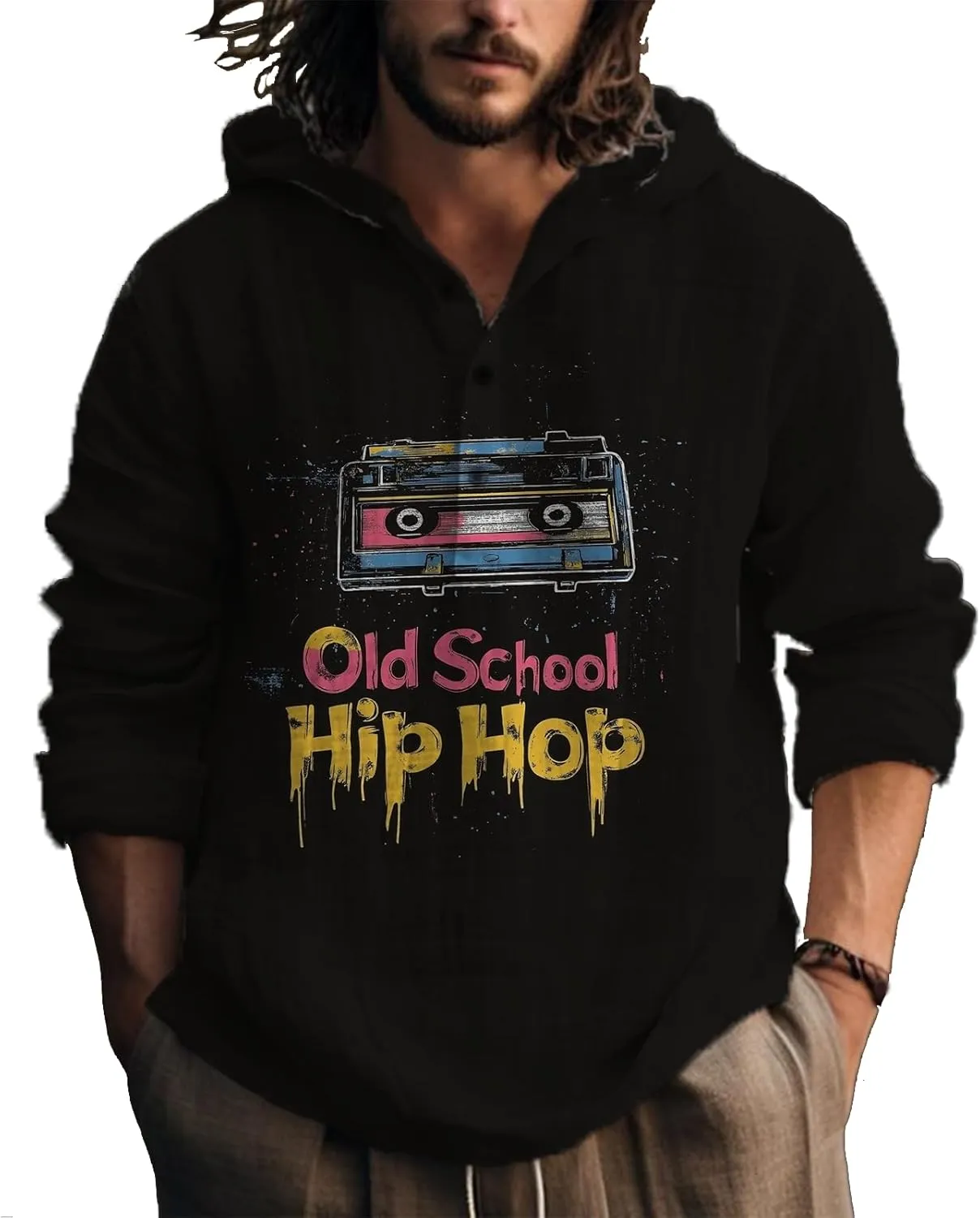 Casual Hoodies for Men Graphic Print Long Sleeve Sweatshirts Pullover Button Up Hooded Shirts Trendy Hoodie