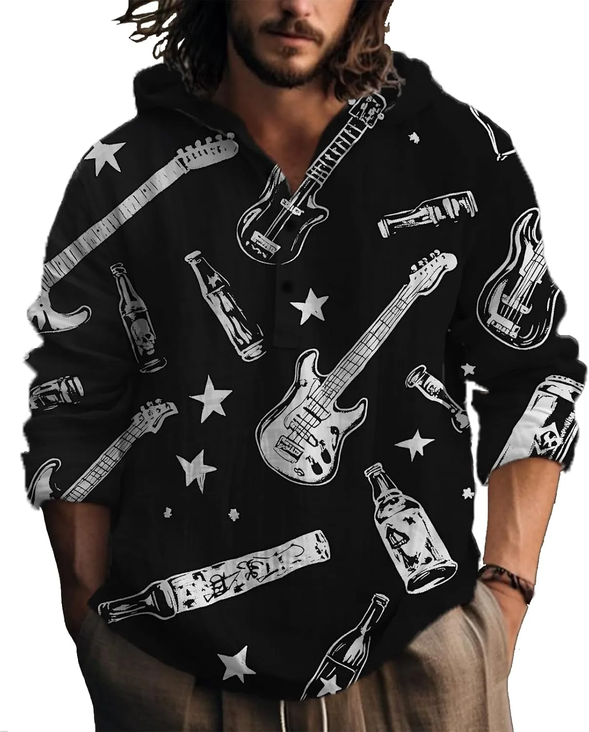 Casual Hoodies for Men Graphic Print Long Sleeve Sweatshirts Pullover Button Up Hooded Shirts Trendy Hoodie