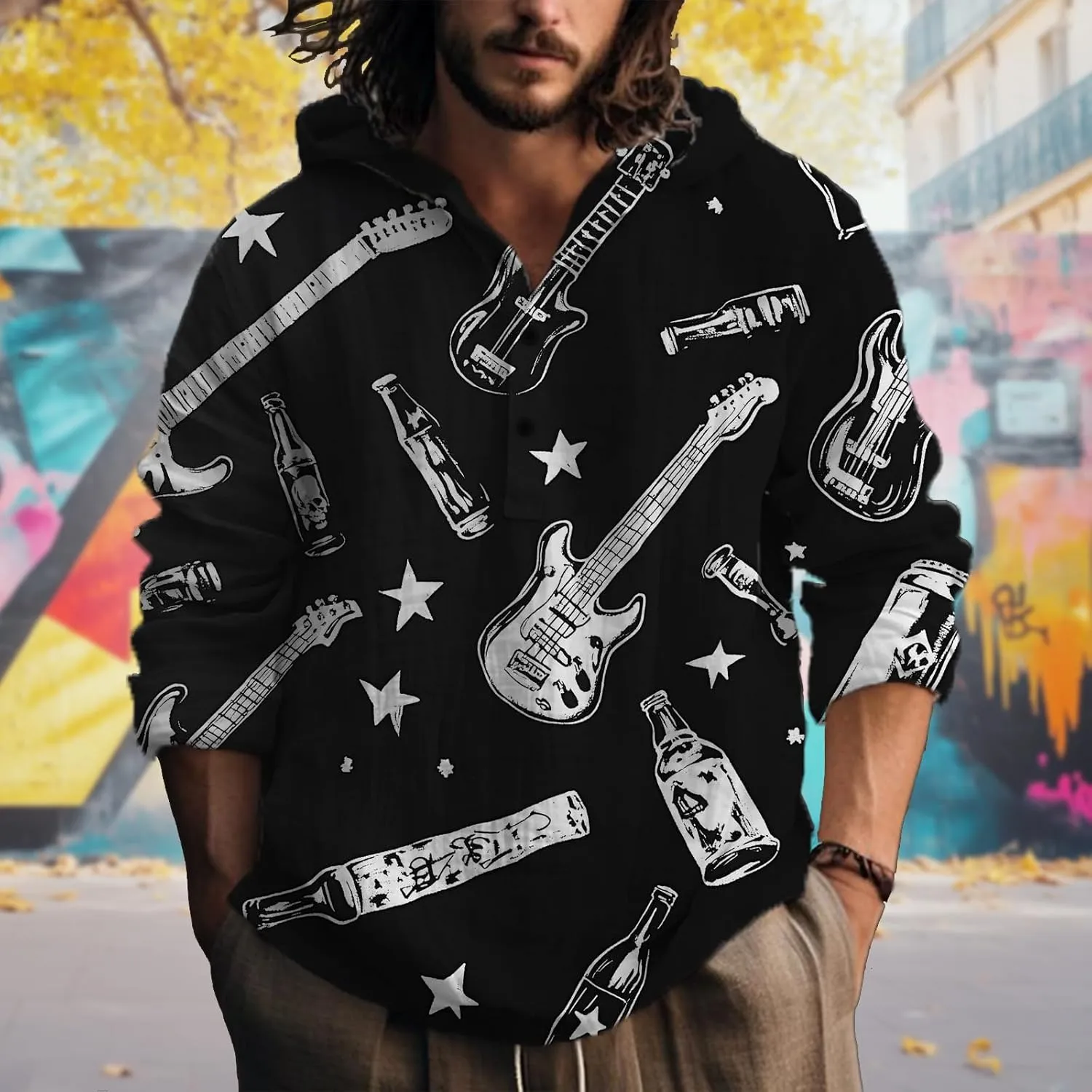 Casual Hoodies for Men Graphic Print Long Sleeve Sweatshirts Pullover Button Up Hooded Shirts Trendy Hoodie