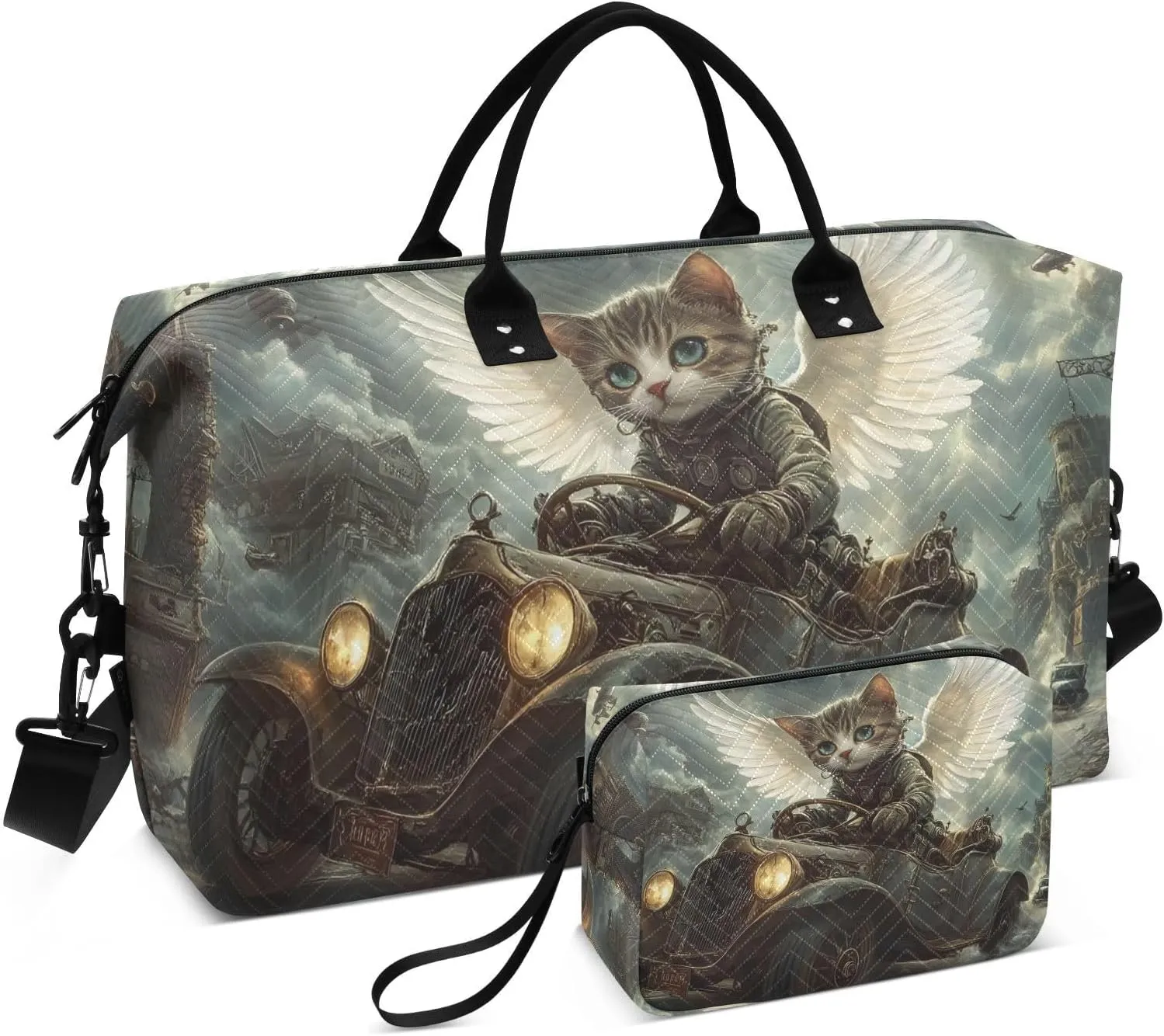 Cat Cute Car Wings Duffel Bag for Traveling, Travel Bag Gym Bag, with Multiple Interior Pockets Shoulder Weekender Bag for Women Men with Toiletry Bag 20.5L x 7.9W x 13.8H