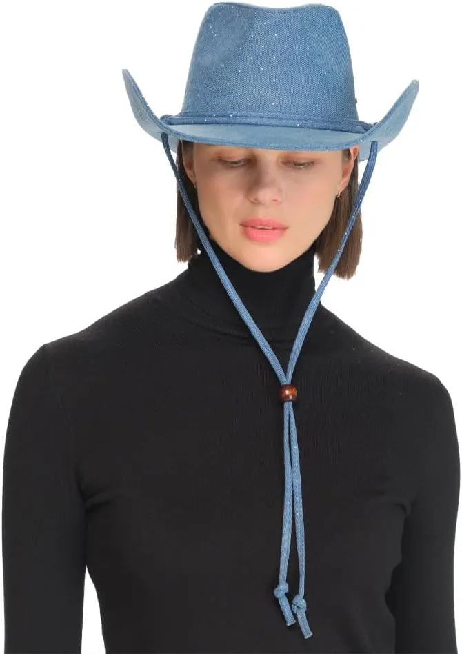 C.C All Over Rhinestone Denim Cowboy Hat with Chinstraps for Women