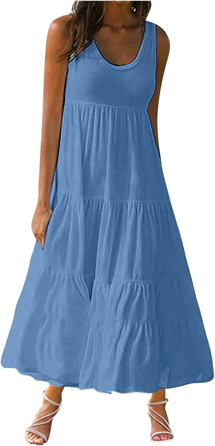 Ceboyel Tank Dresses for Women 2024 Smocked Sleeveless Maxi Dress Beach Vacation Sun Dress Trendy Causal Resort Sundresses