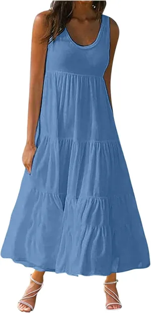 Ceboyel Tank Dresses for Women 2024 Smocked Sleeveless Maxi Dress Beach Vacation Sun Dress Trendy Causal Resort Sundresses
