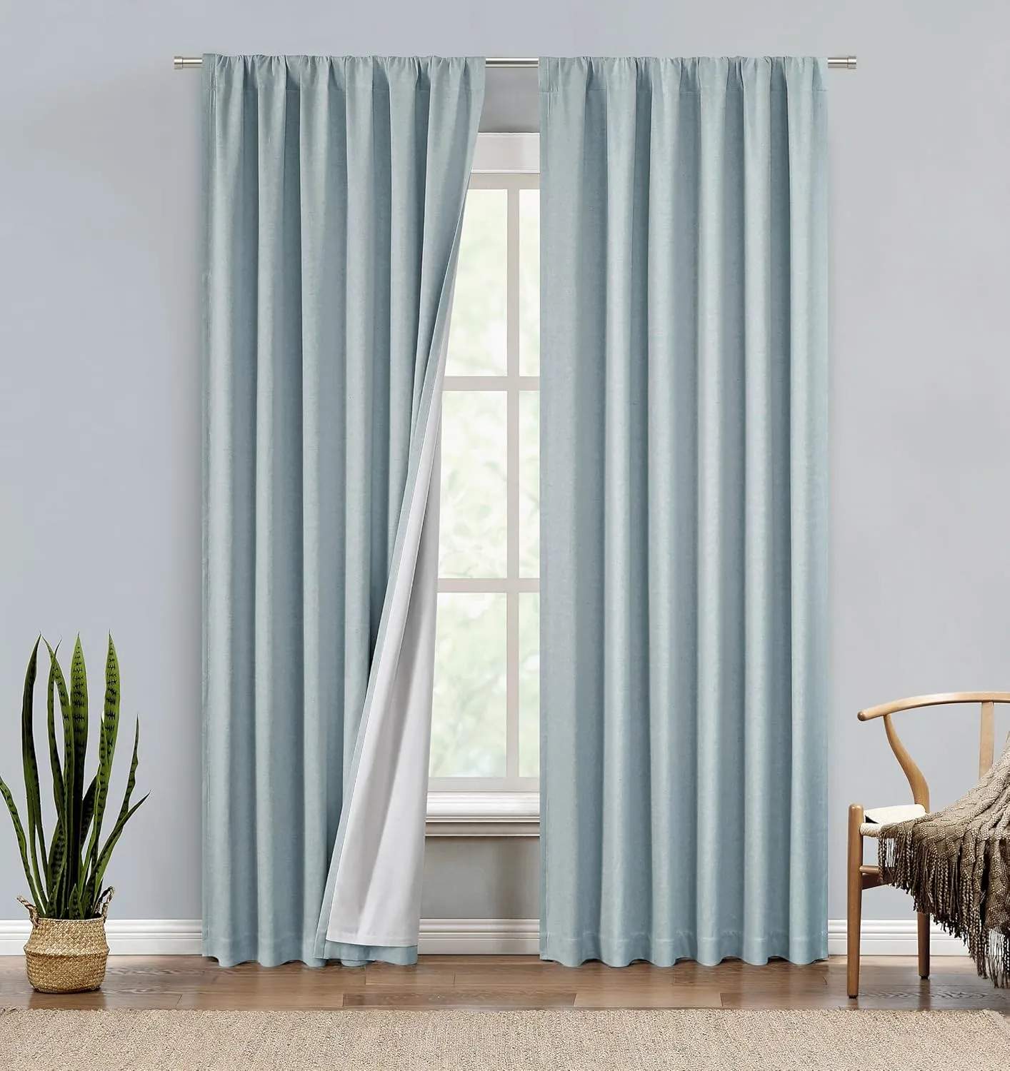 Central Park Cotton Linen Full Blackout Curtain Panels with Back Tab Rod Pocket Thermal Insulated Triple Weave Farmhouse Window Treatment Rustic Drapes for Bedroom with Liner, 50"x95"x2, Aqua Green
