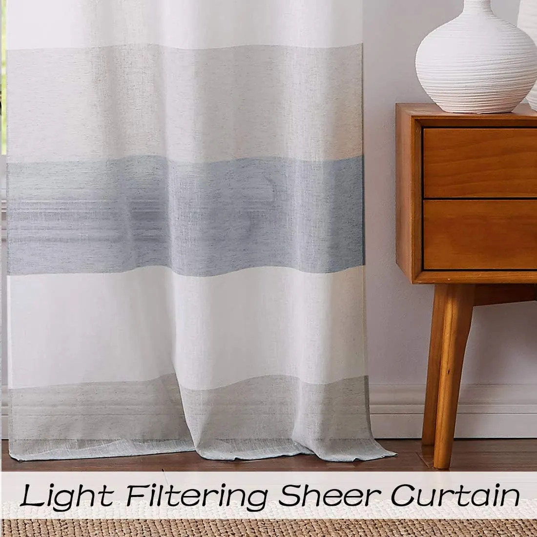 Central Park Gray and Smoke Blue Stripe Sheer Color Block Window Curtain Panel Linen Window Treatment for Bedroom Living Room Farmhouse 84 inches Long with Grommets, 2 Panel Rustic Drapes