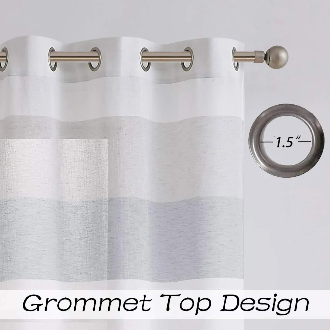 Central Park Gray and Smoke Blue Stripe Sheer Color Block Window Curtain Panel Linen Window Treatment for Bedroom Living Room Farmhouse 84 inches Long with Grommets, 2 Panel Rustic Drapes