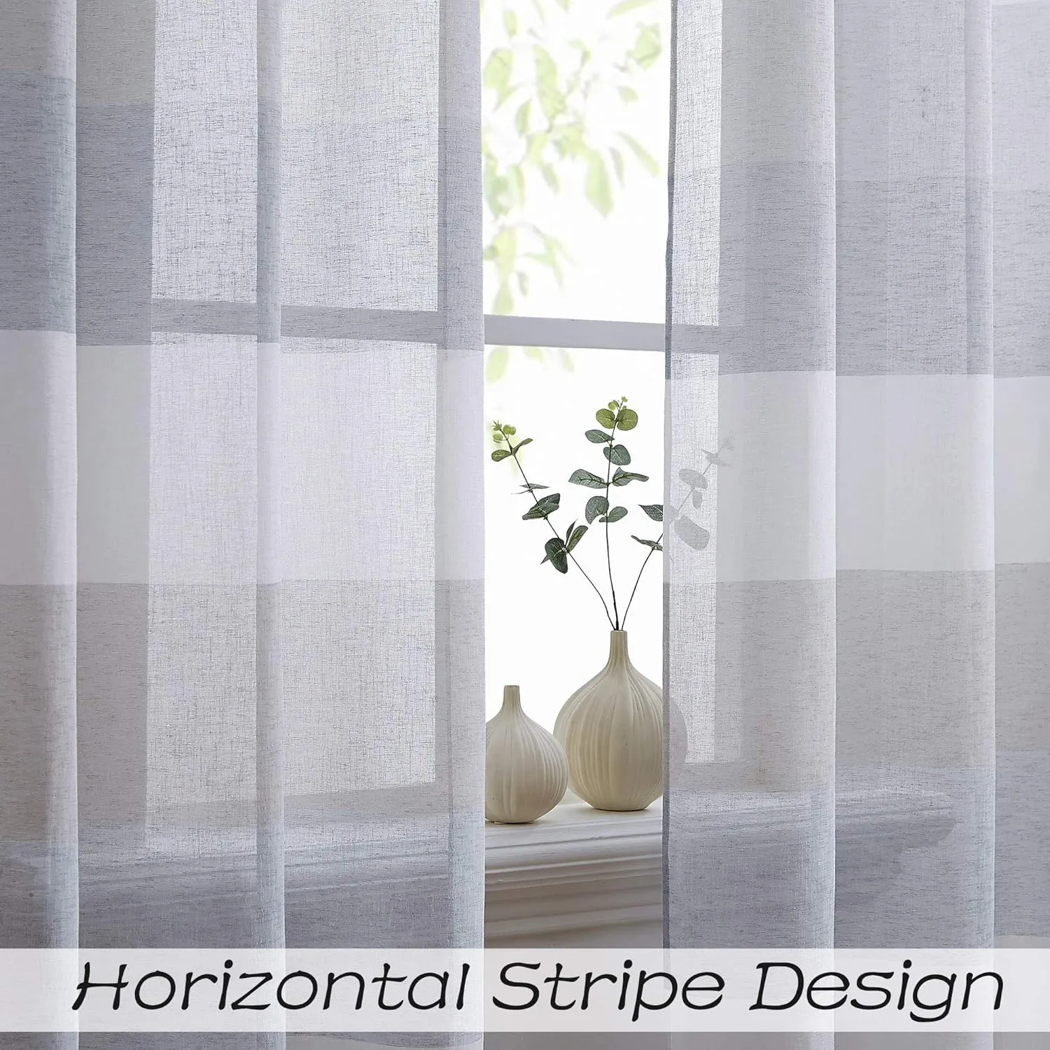 Central Park Gray and Smoke Blue Stripe Sheer Color Block Window Curtain Panel Linen Window Treatment for Bedroom Living Room Farmhouse 84 inches Long with Grommets, 2 Panel Rustic Drapes