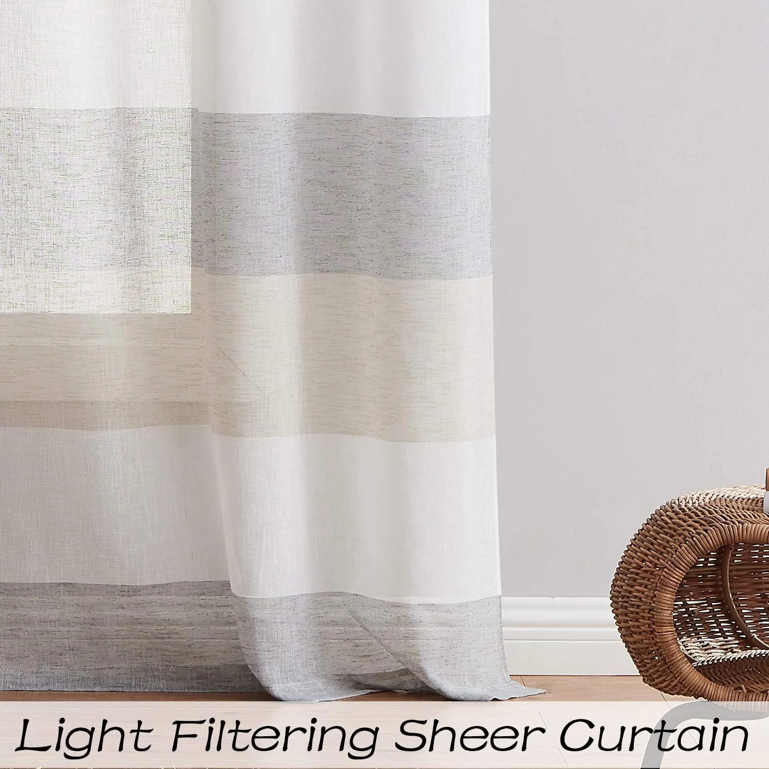 Central Park Gray Tan Stripe Sheer Color Block Window Curtain Panel Linen Window Treatment for Bedroom Living Room Farmhouse 84 inches Long with Grommets, 2 Panel Rustic Drapes