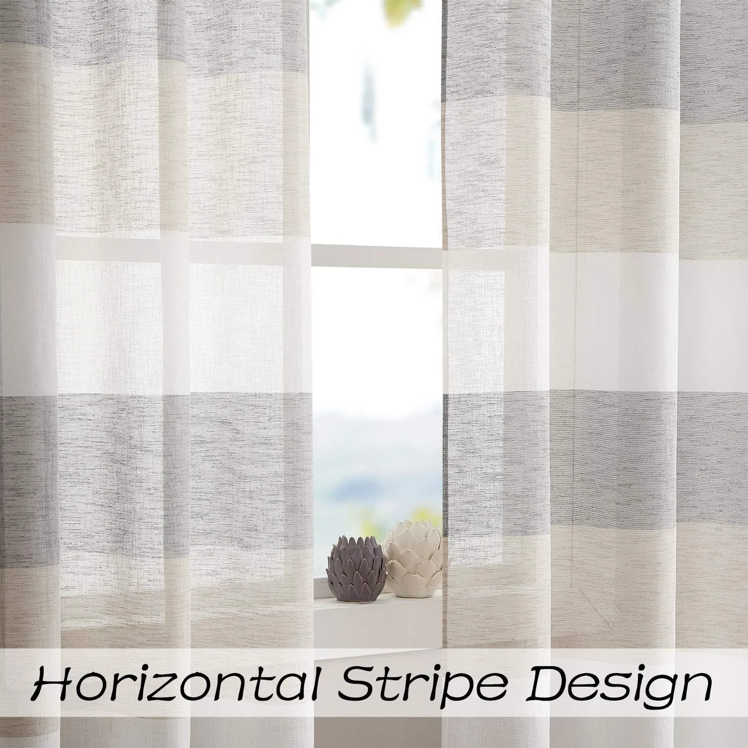 Central Park Gray Tan Stripe Sheer Color Block Window Curtain Panel Linen Window Treatment for Bedroom Living Room Farmhouse 84 inches Long with Grommets, 2 Panel Rustic Drapes