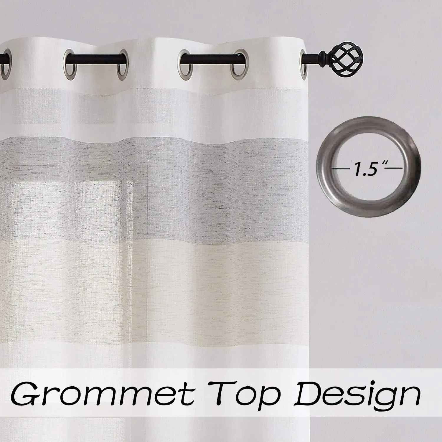 Central Park Gray Tan Stripe Sheer Color Block Window Curtain Panel Linen Window Treatment for Bedroom Living Room Farmhouse 84 inches Long with Grommets, 2 Panel Rustic Drapes