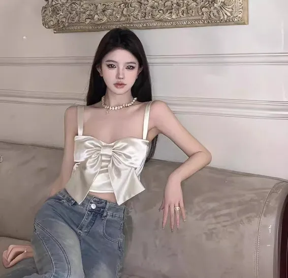 Champagne Satin Smooth Butterfly Knot Strapless Top Women Pure Desire Sexy Summer New Trend  C-240517-L4