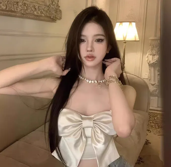 Champagne Satin Smooth Butterfly Knot Strapless Top Women Pure Desire Sexy Summer New Trend  C-240517-L4