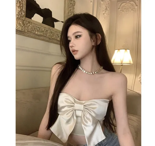Champagne Satin Smooth Butterfly Knot Strapless Top Women Pure Desire Sexy Summer New Trend  C-240517-L4