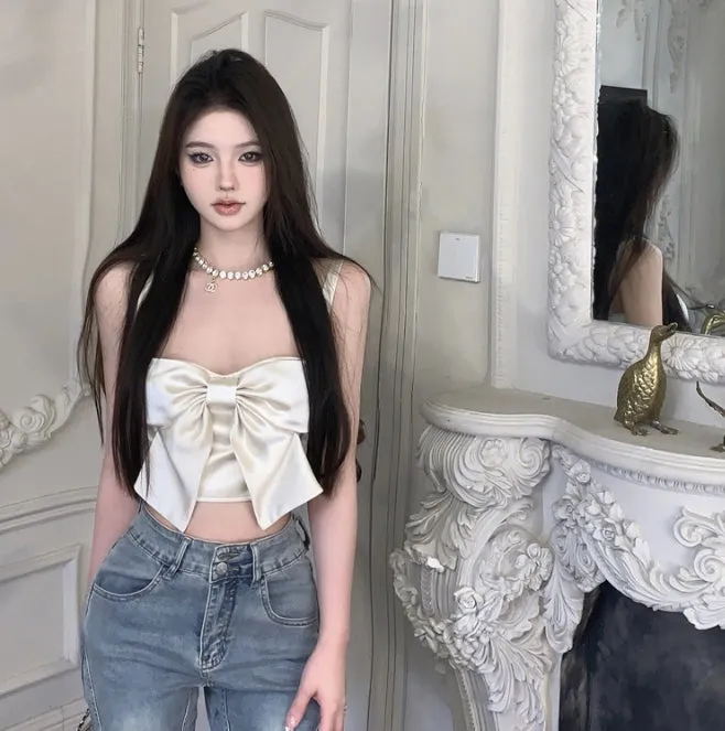 Champagne Satin Smooth Butterfly Knot Strapless Top Women Pure Desire Sexy Summer New Trend  C-240517-L4