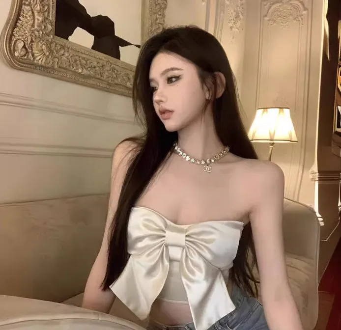 Champagne Satin Smooth Butterfly Knot Strapless Top Women Pure Desire Sexy Summer New Trend  C-240517-L4