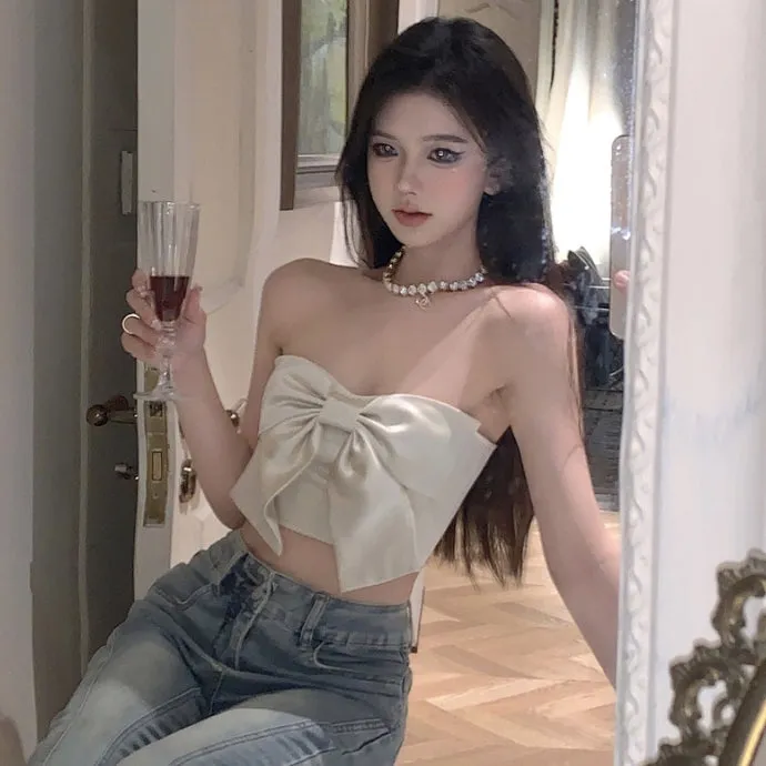 Champagne Satin Smooth Butterfly Knot Strapless Top Women Pure Desire Sexy Summer New Trend  C-240517-L4