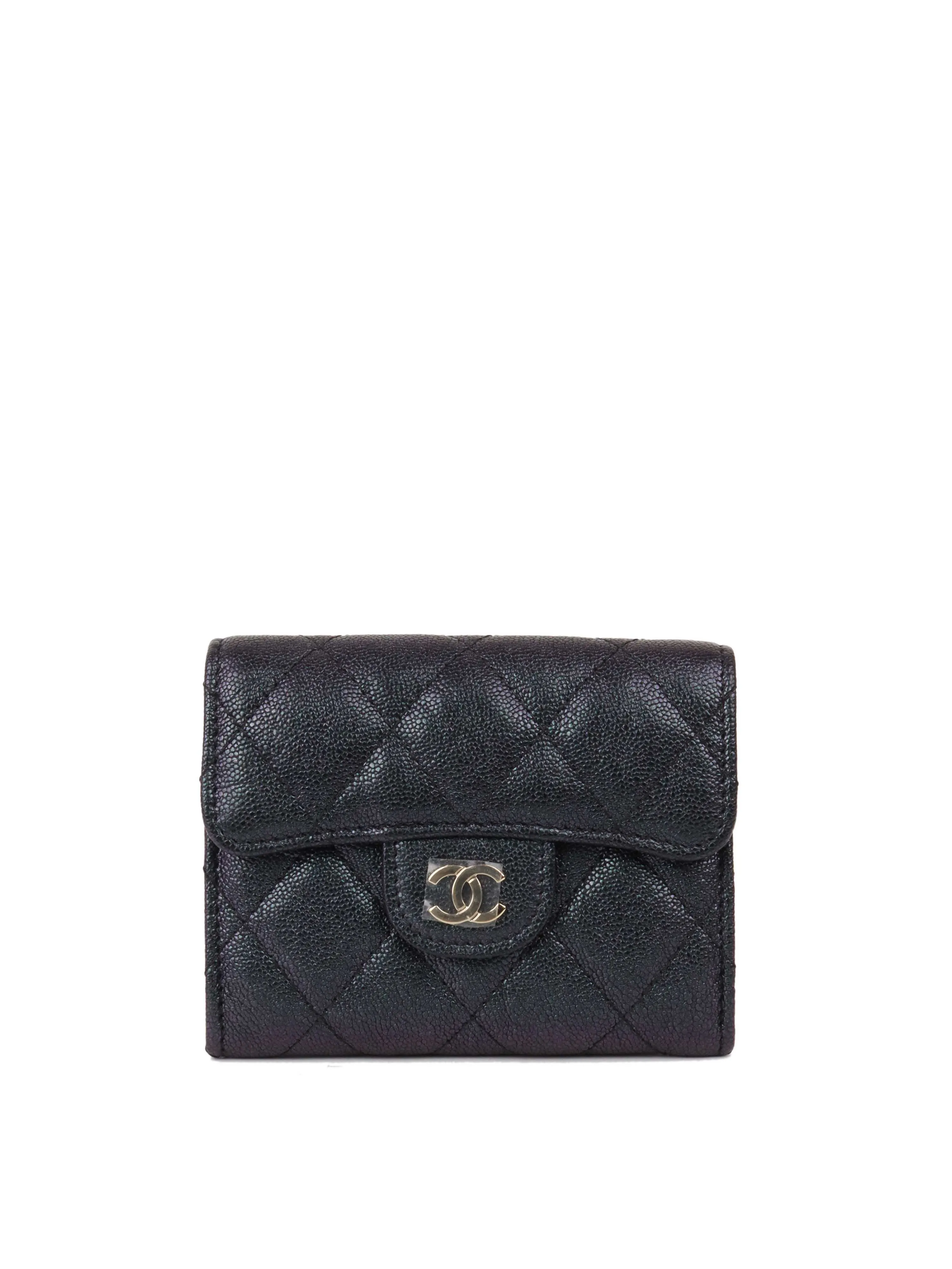 Chanel Black Iridescent Caviar Compact Wallet with SHW.