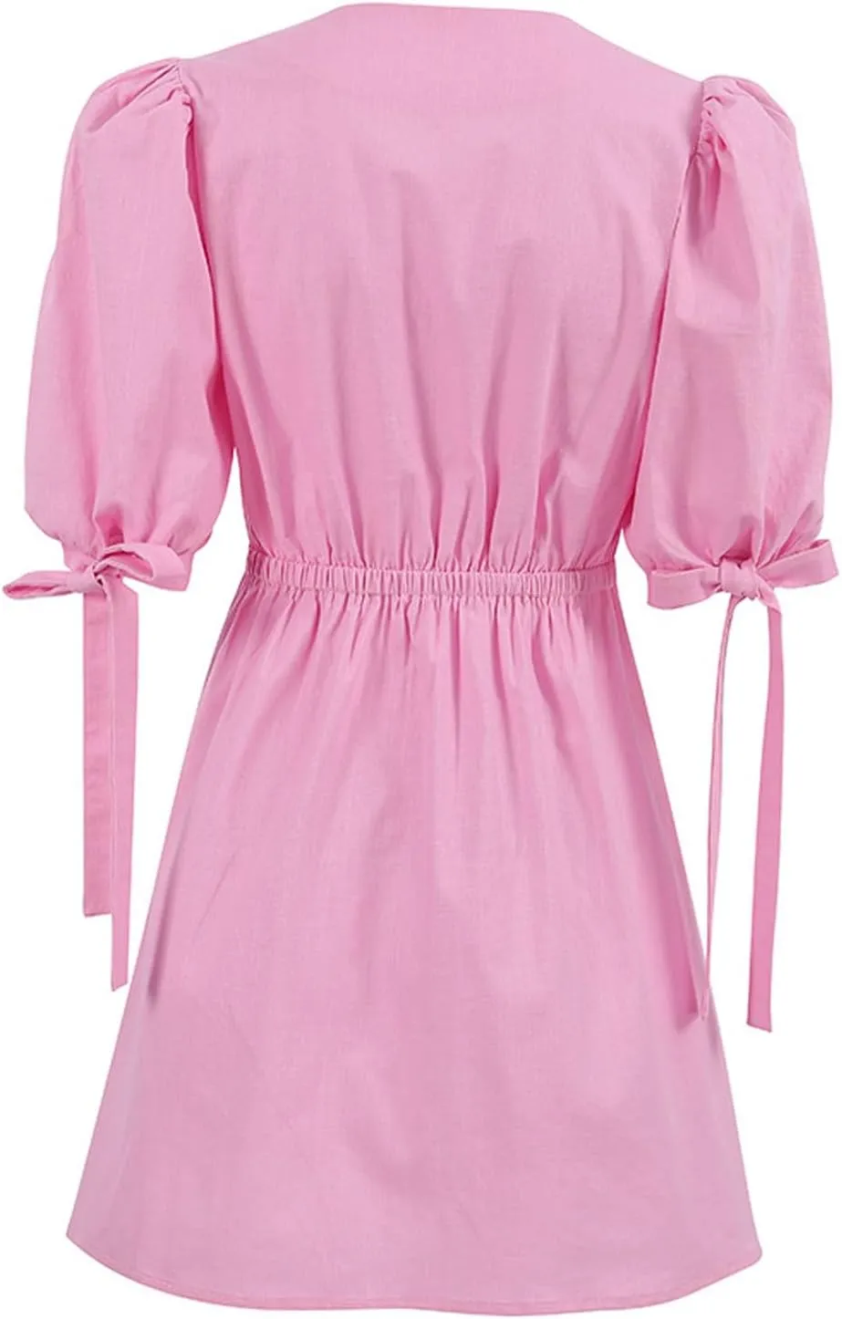 CHARTOU Women Puff Sleeve Short Dress Cotton Linen V Neck A Line Elastic High Waist Lace Up Vacation Dress