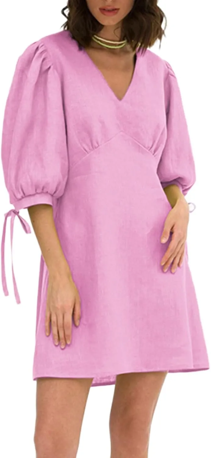 CHARTOU Women Puff Sleeve Short Dress Cotton Linen V Neck A Line Elastic High Waist Lace Up Vacation Dress