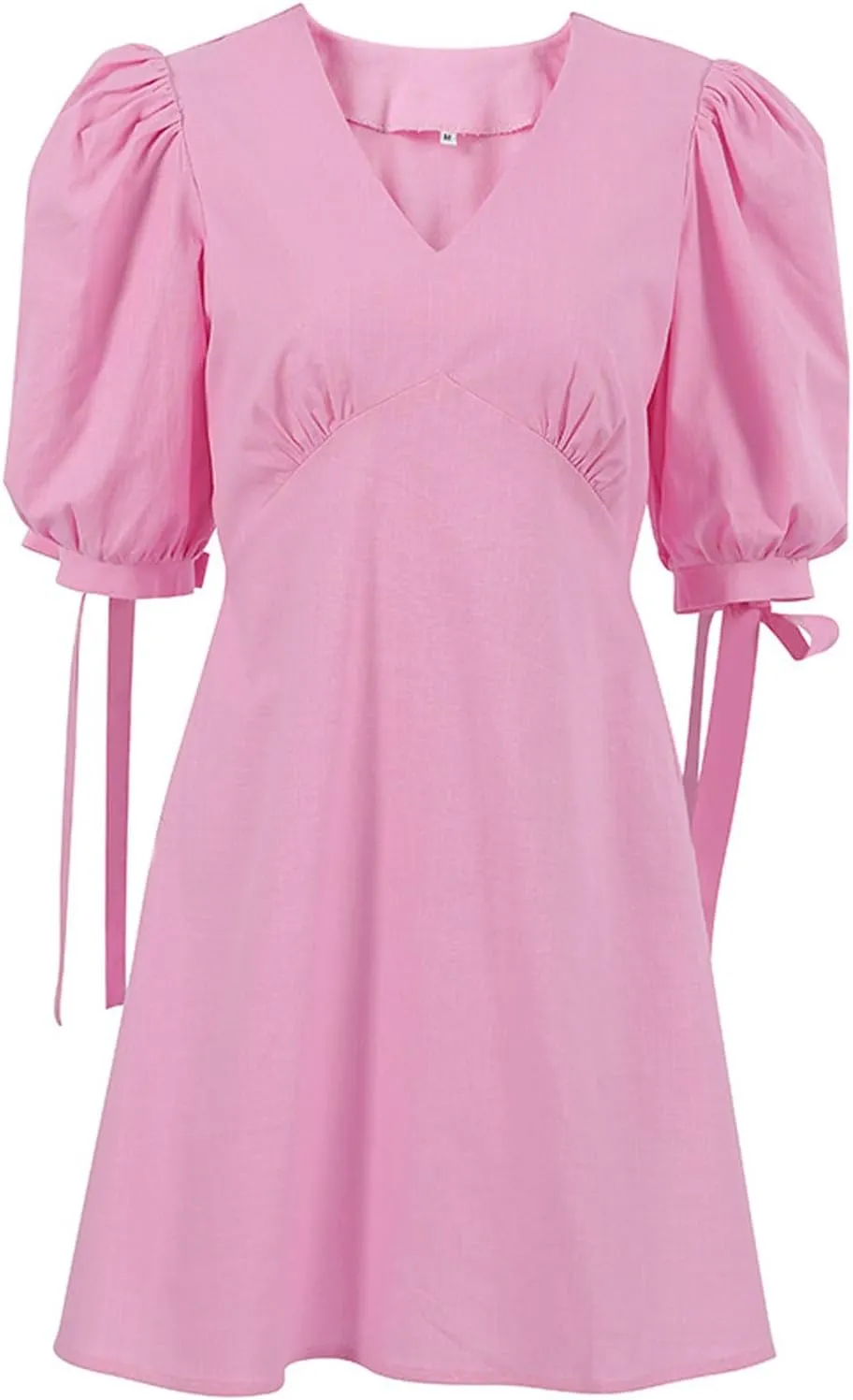 CHARTOU Women Puff Sleeve Short Dress Cotton Linen V Neck A Line Elastic High Waist Lace Up Vacation Dress