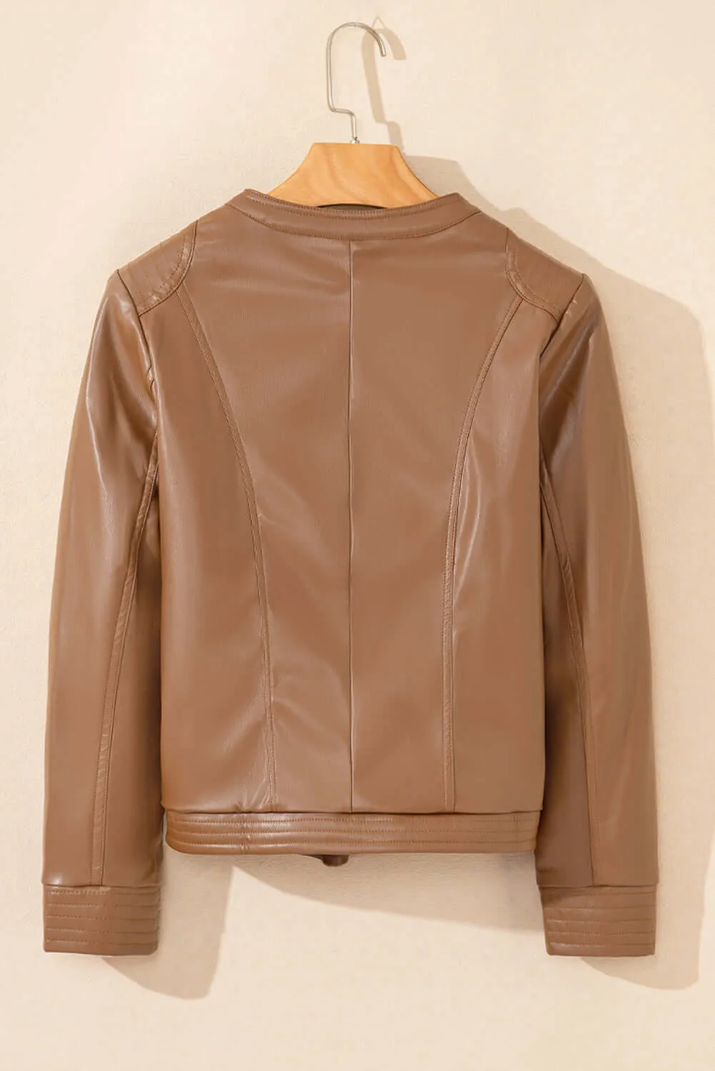 Chestnut Solid Faux Leather Zipper Slim Fit Bomber Jacket