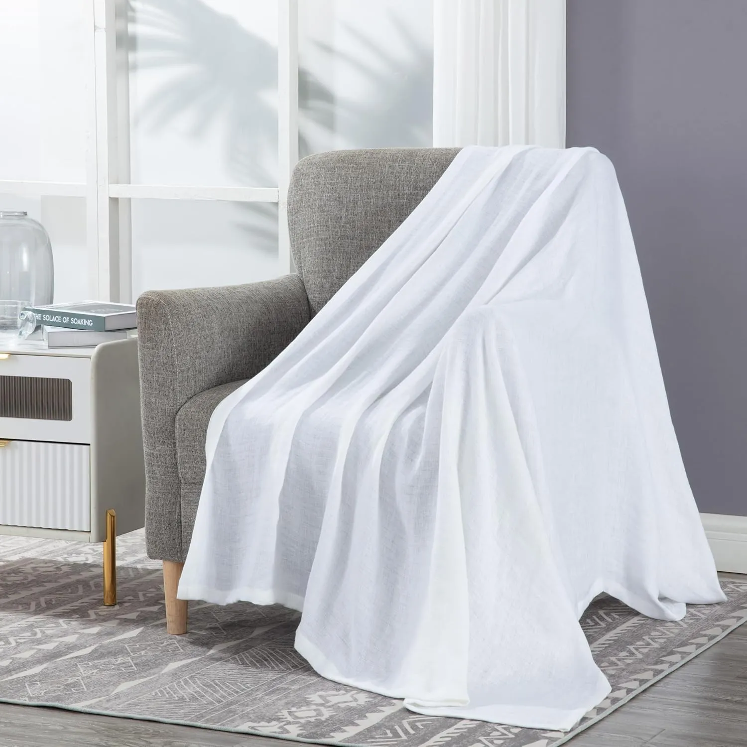 Chezmoi Collection Brussels Belgian Flax Linen Throw Blanket, 50" x 70" - Pre-Washed Super Soft Lightweight Breathable Summer Blanket White Color for Living Room Couch & Bed