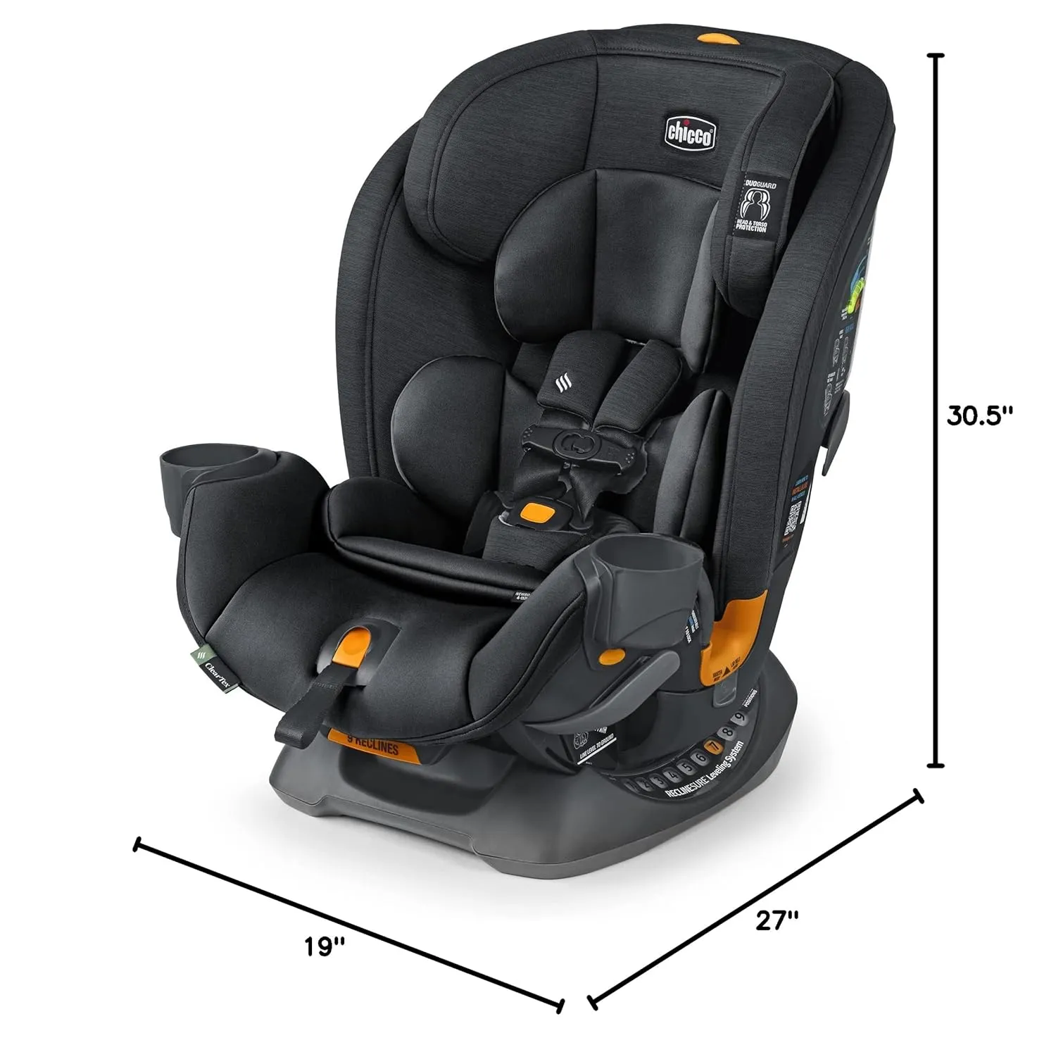 Chicco OneFit ClearTex All-in-One Car Seat, Slim Design, Rear-Facing Seat for Infants 5-40 lbs., Forward-Facing 25-65 lbs., Booster 40-100 lbs., Convertible Car Seat | Obsidian/Black