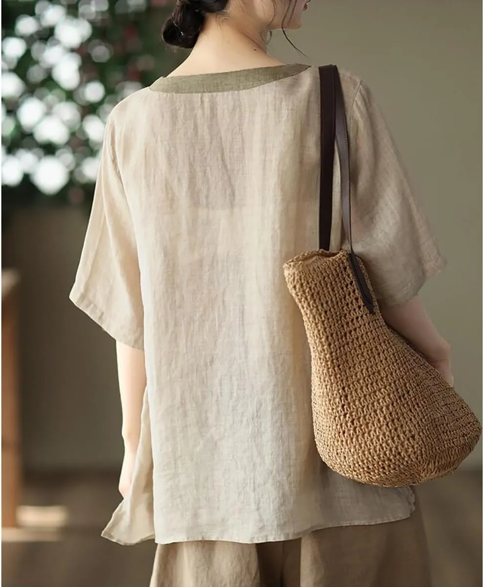 Chinese Retro Shirt, Heavy Industry Embroidered Linen Shirt, Color Blocking Round Neck Pullover T-Shirt