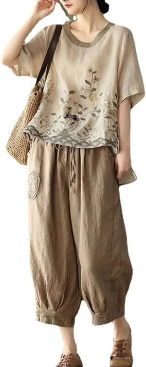 Chinese Retro Shirt, Heavy Industry Embroidered Linen Shirt, Color Blocking Round Neck Pullover T-Shirt