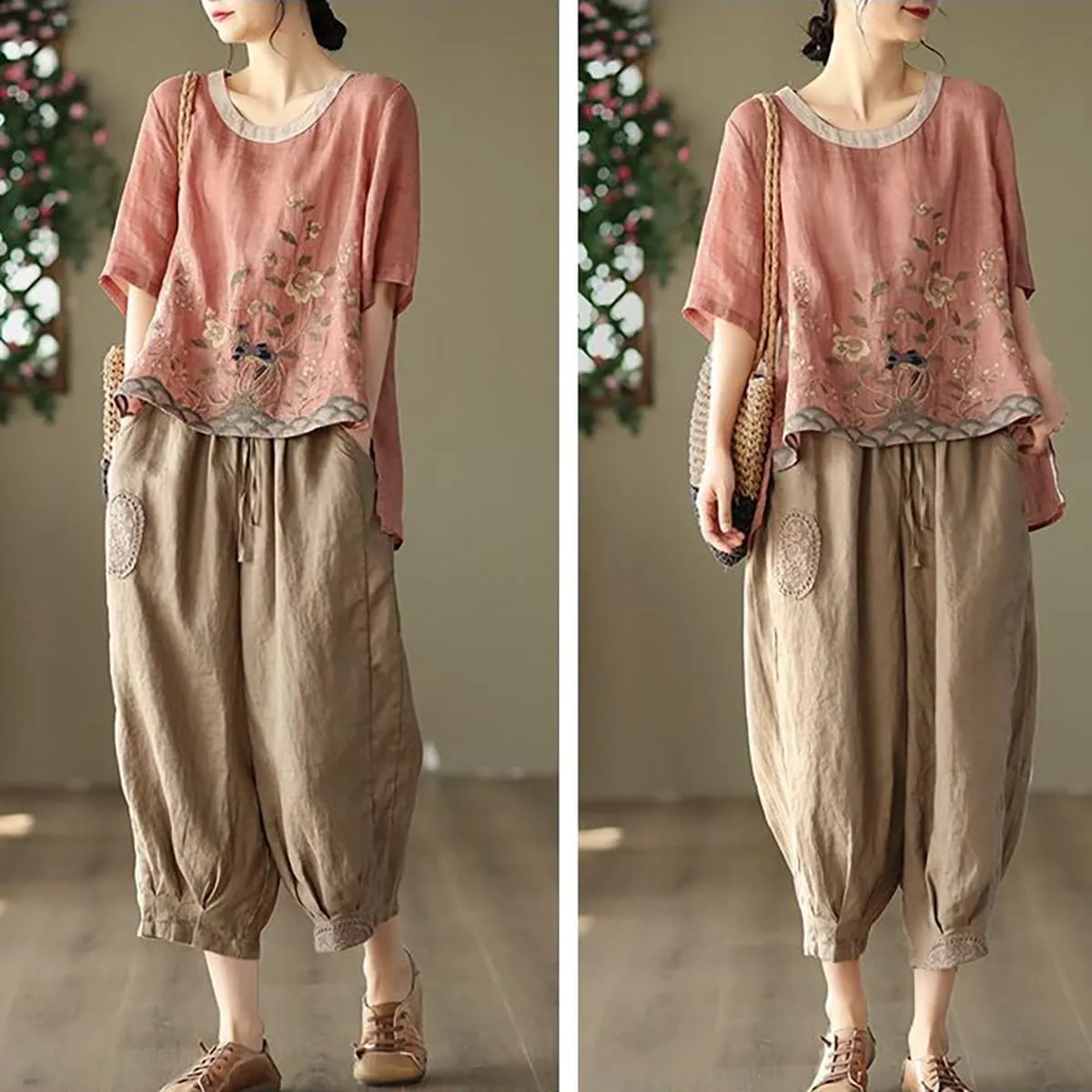 Chinese Retro Shirt, Heavy Industry Embroidered Linen Shirt, Color Blocking Round Neck Pullover T-Shirt
