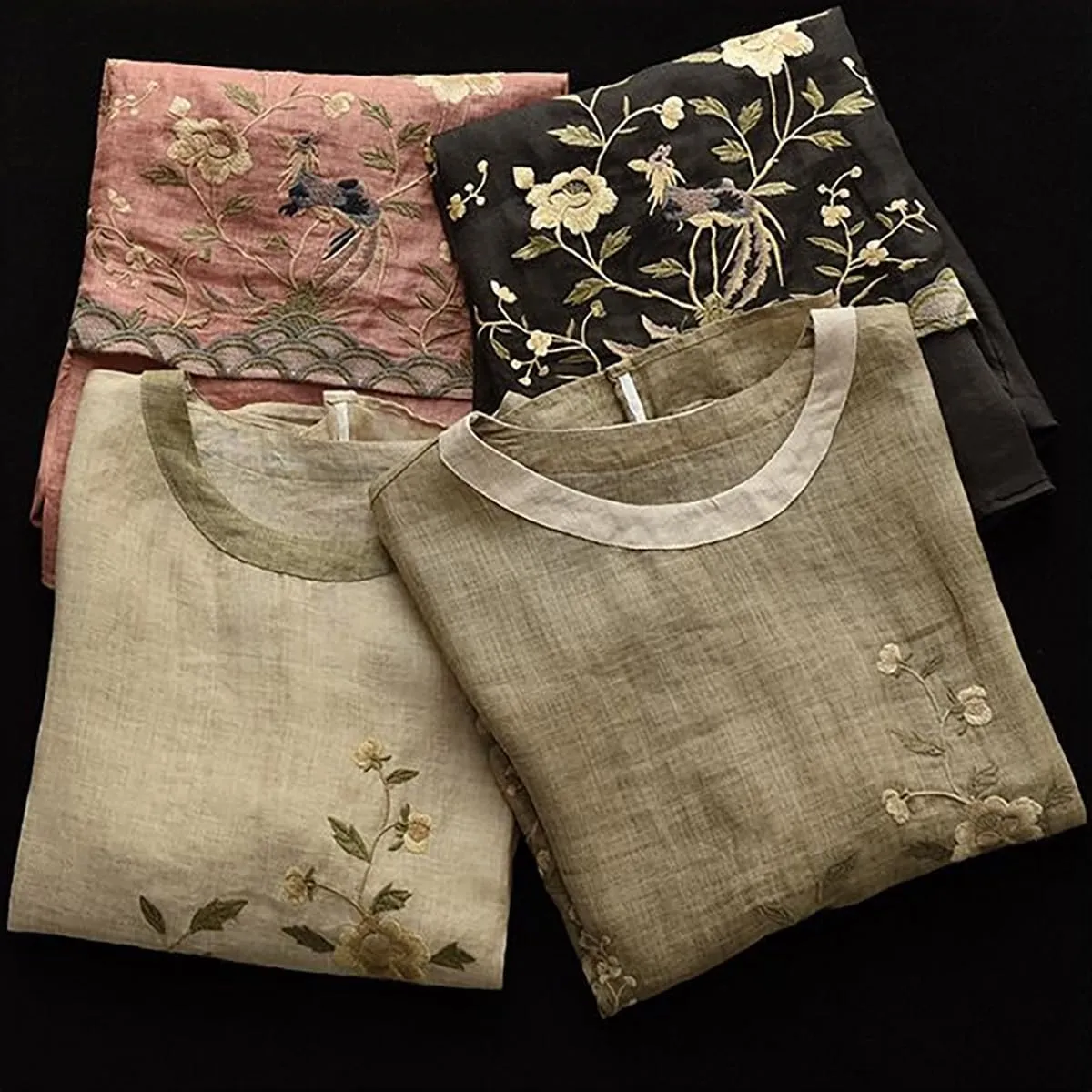 Chinese Retro Shirt, Heavy Industry Embroidered Linen Shirt, Color Blocking Round Neck Pullover T-Shirt
