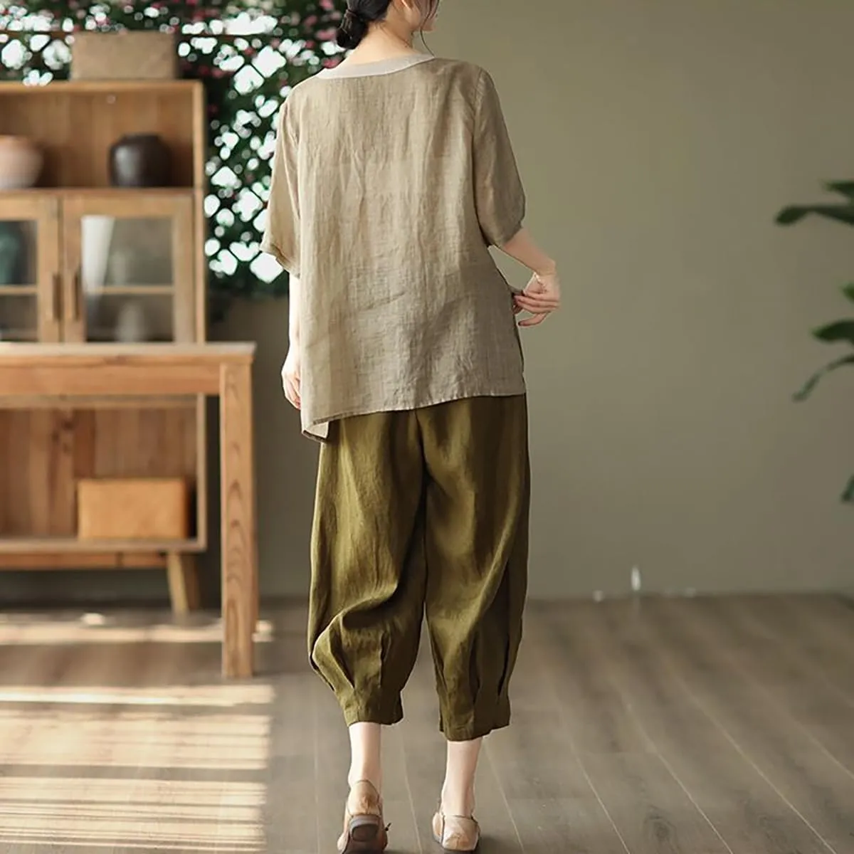 Chinese Retro Shirt, Heavy Industry Embroidered Linen Shirt, Color Blocking Round Neck Pullover T-Shirt